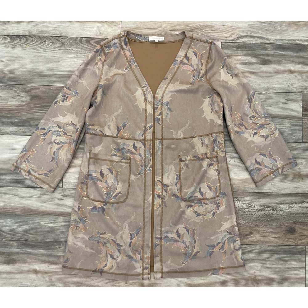 Solitaire Women L Faux Suede Floral Open Front Pockets Duster Cardigan Tan Multi